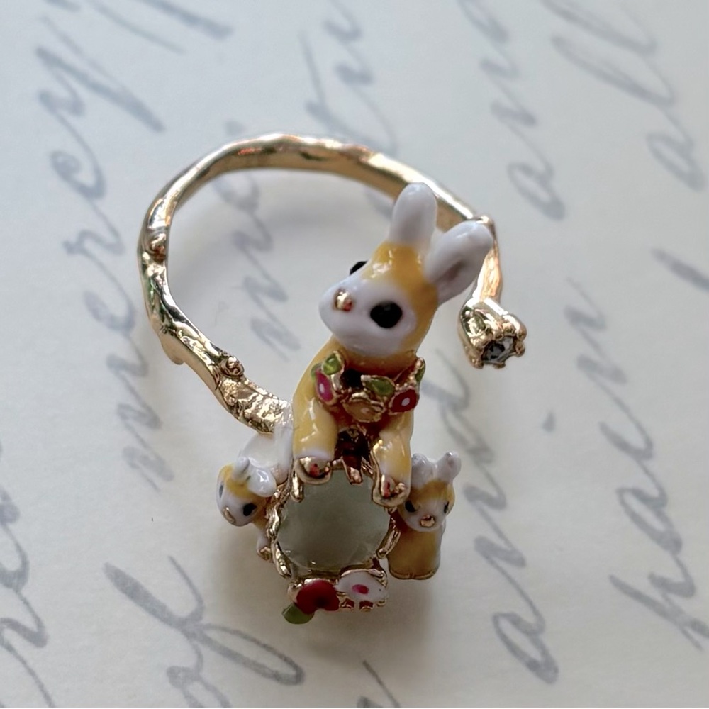 Genuine Les Nerides Gold Rabbit & Bunnies Ring size 5-6 Adjustable